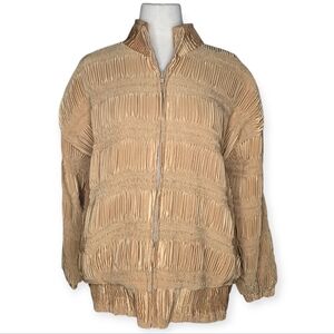 A.D.S Vintage Camel Textured Pleated Zip Front Jacket L Lightweight Statement